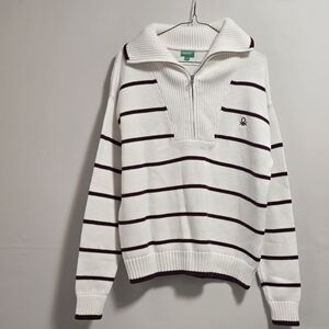 United Colors of Benetton White,burgundy Striped Sweater with Quarter-Zip